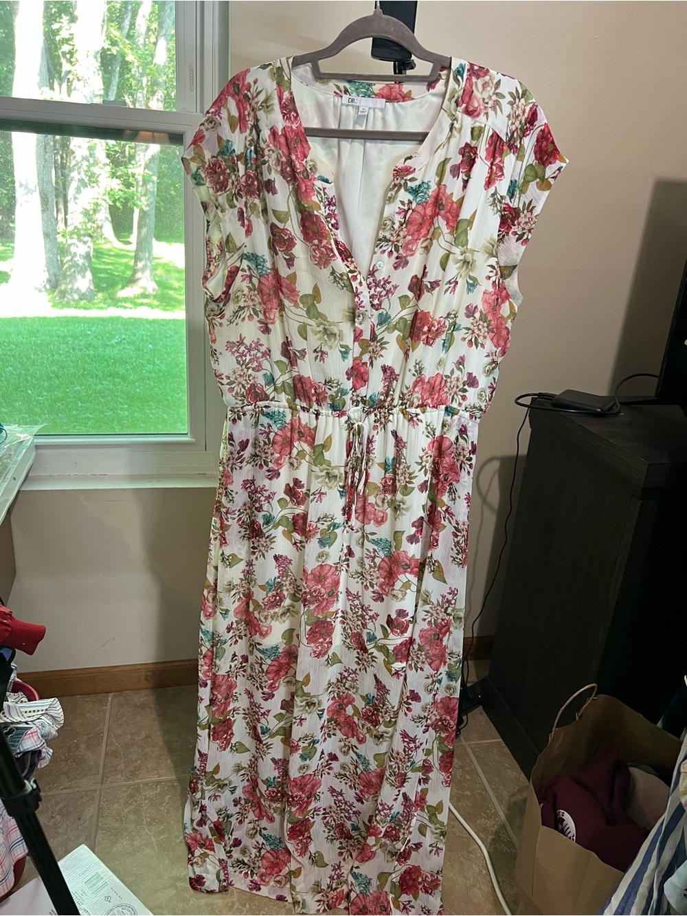 DR2 White Floral Maxi Dress with Pink & Green Print